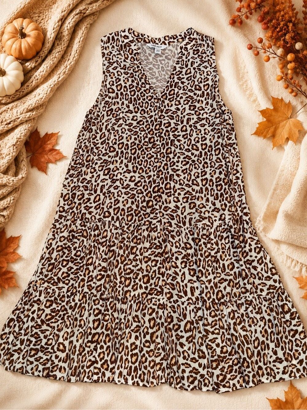 Nine West Leopard Print Sleeveless Tiered Midi Dress Women’s Medium Animal Print